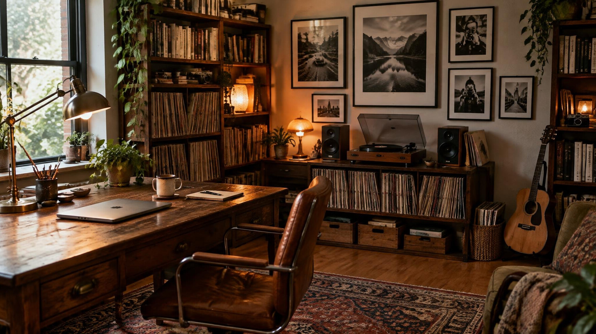 Home office with vintage wooden desk, record player, books and framed photographs
