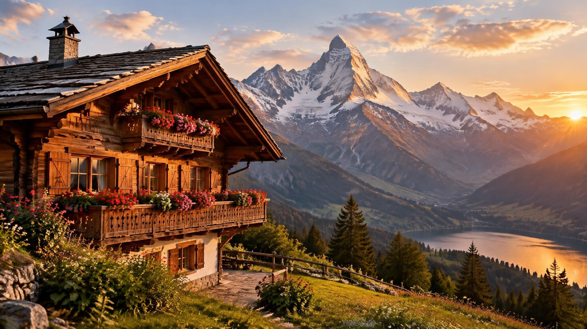 Traditional Swiss alpine chalet with wooden balcony and snowy mountains in the background