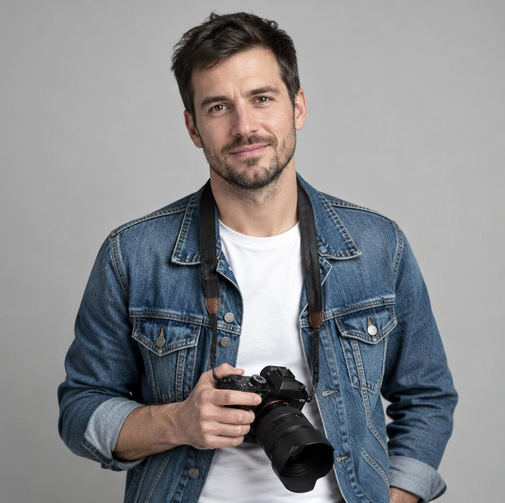 Portrait of a man in his thirties with short dark hair and a denim jacket