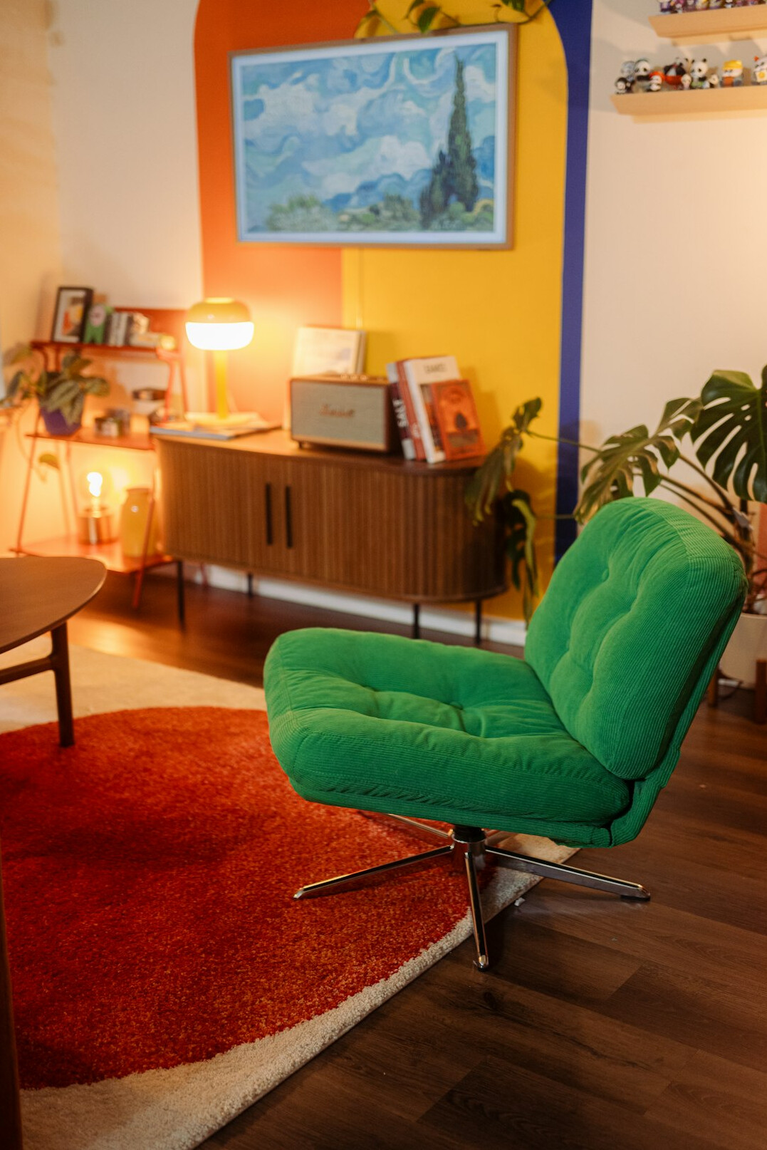 Retro 1980s inspired interior with colorful furniture and vintage decor