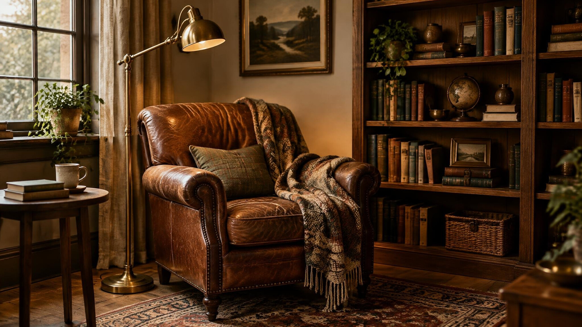 Cozy reading corner with armchair, floor lamp and bookshelf