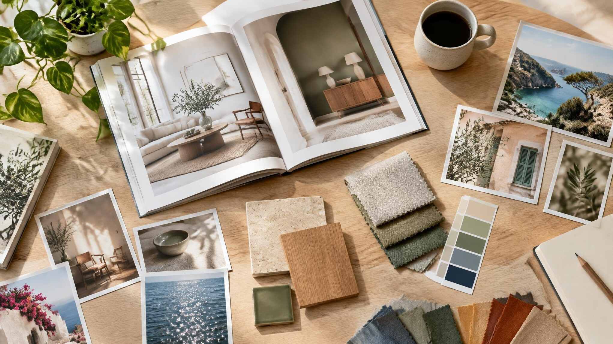 Editorial desk with magazines, photo prints and colour swatches in natural light