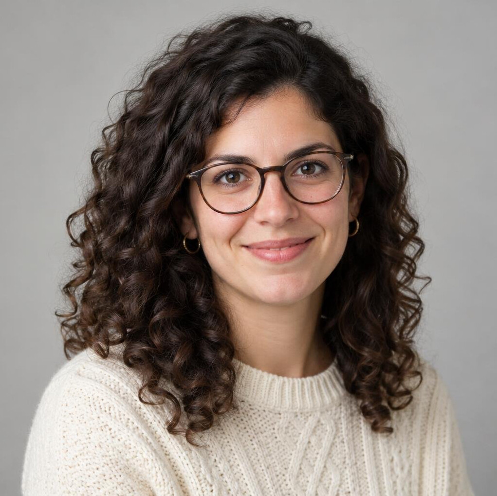 Portrait of a young woman with glasses and dark curly hair